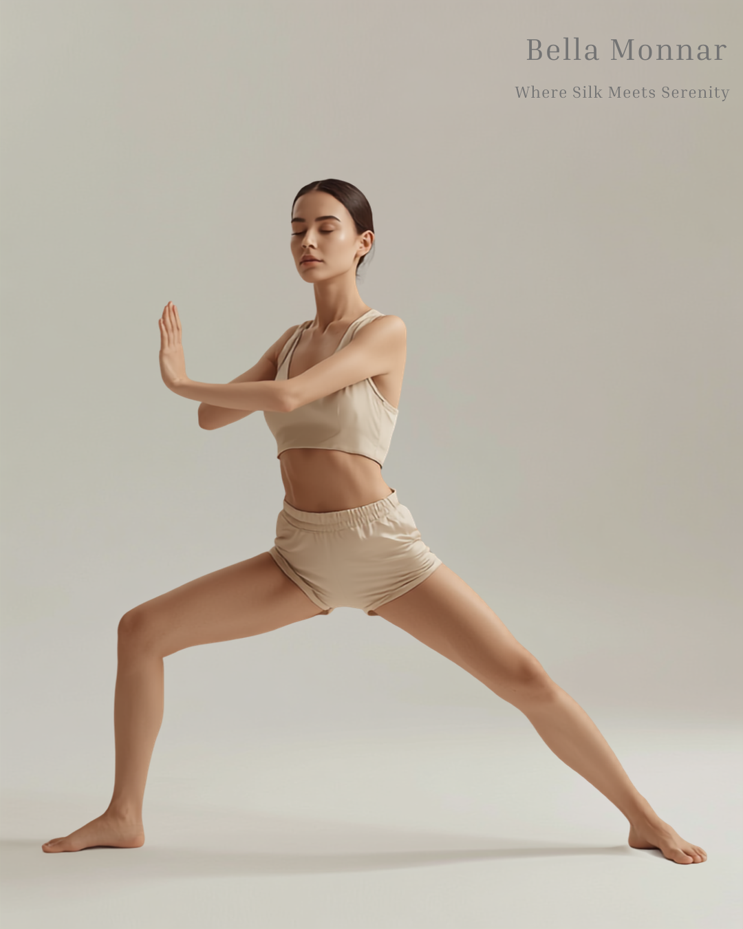 Woman practicing yoga wearing a matching silk shorts and top set
