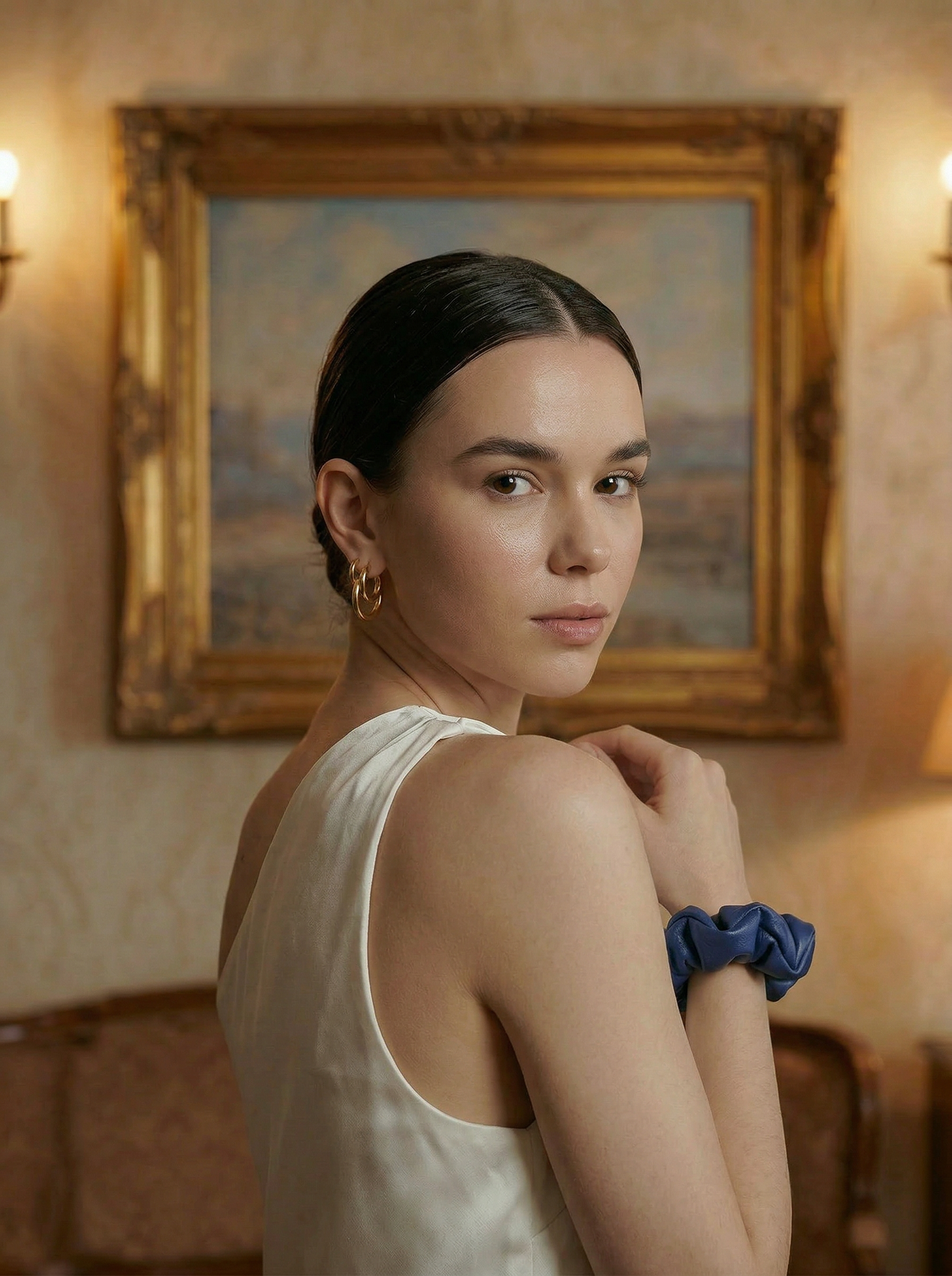 Woman wearing a Cobalt leather scrunchie, front view