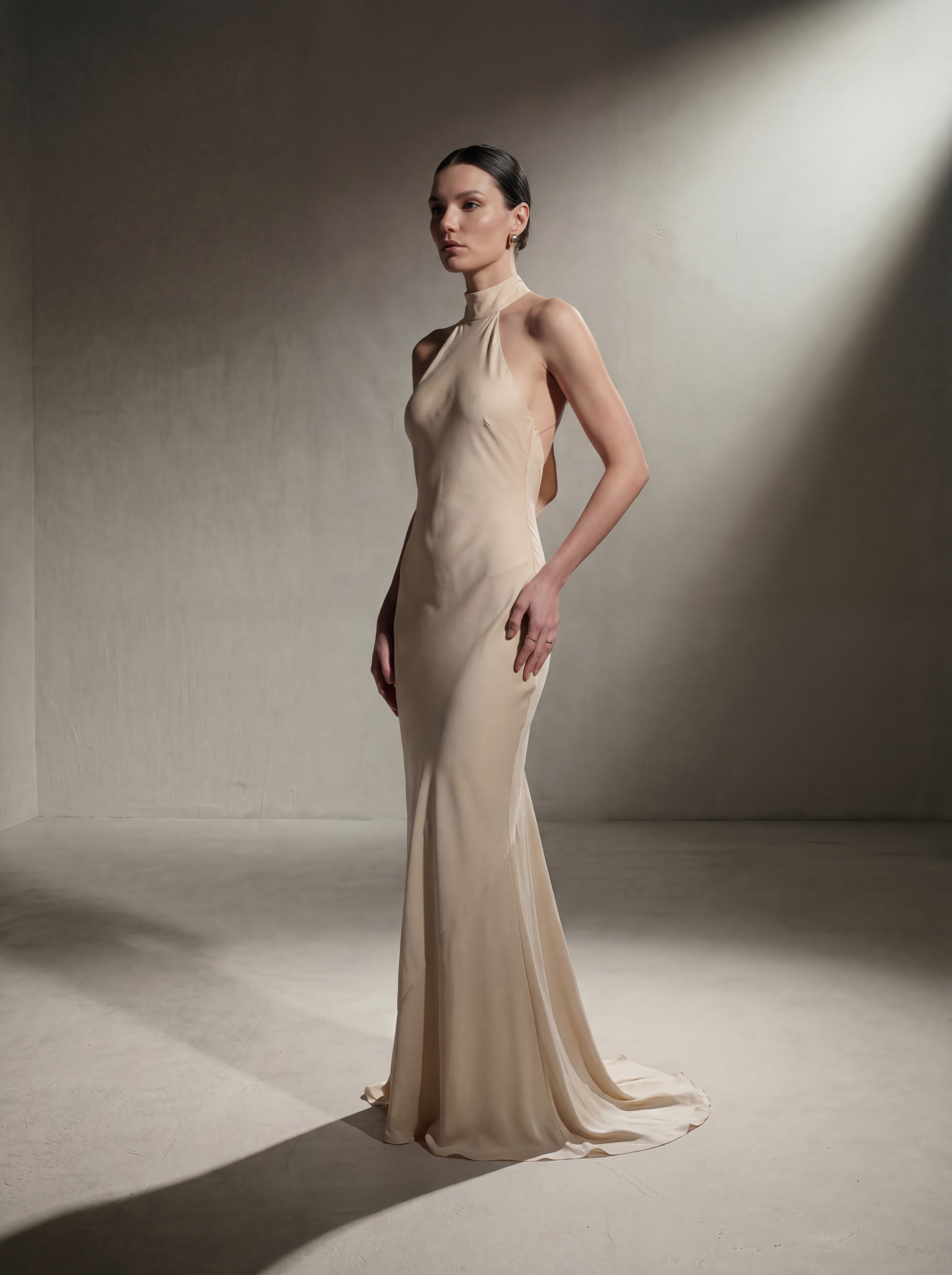 Woman wearing a Beige silk halter gown, side view