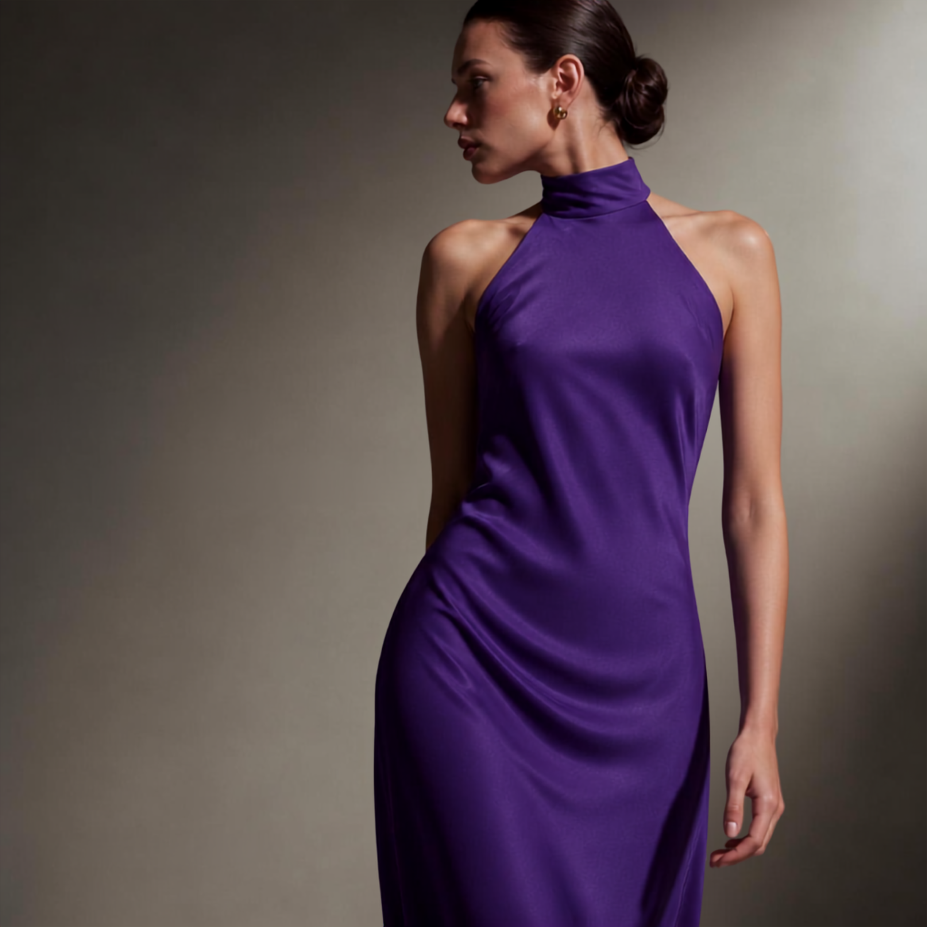 Close-up detail of the Plum silk halter gown
