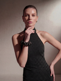 Black Polka Dot silk halter gown styled with a matching silk scrunchie