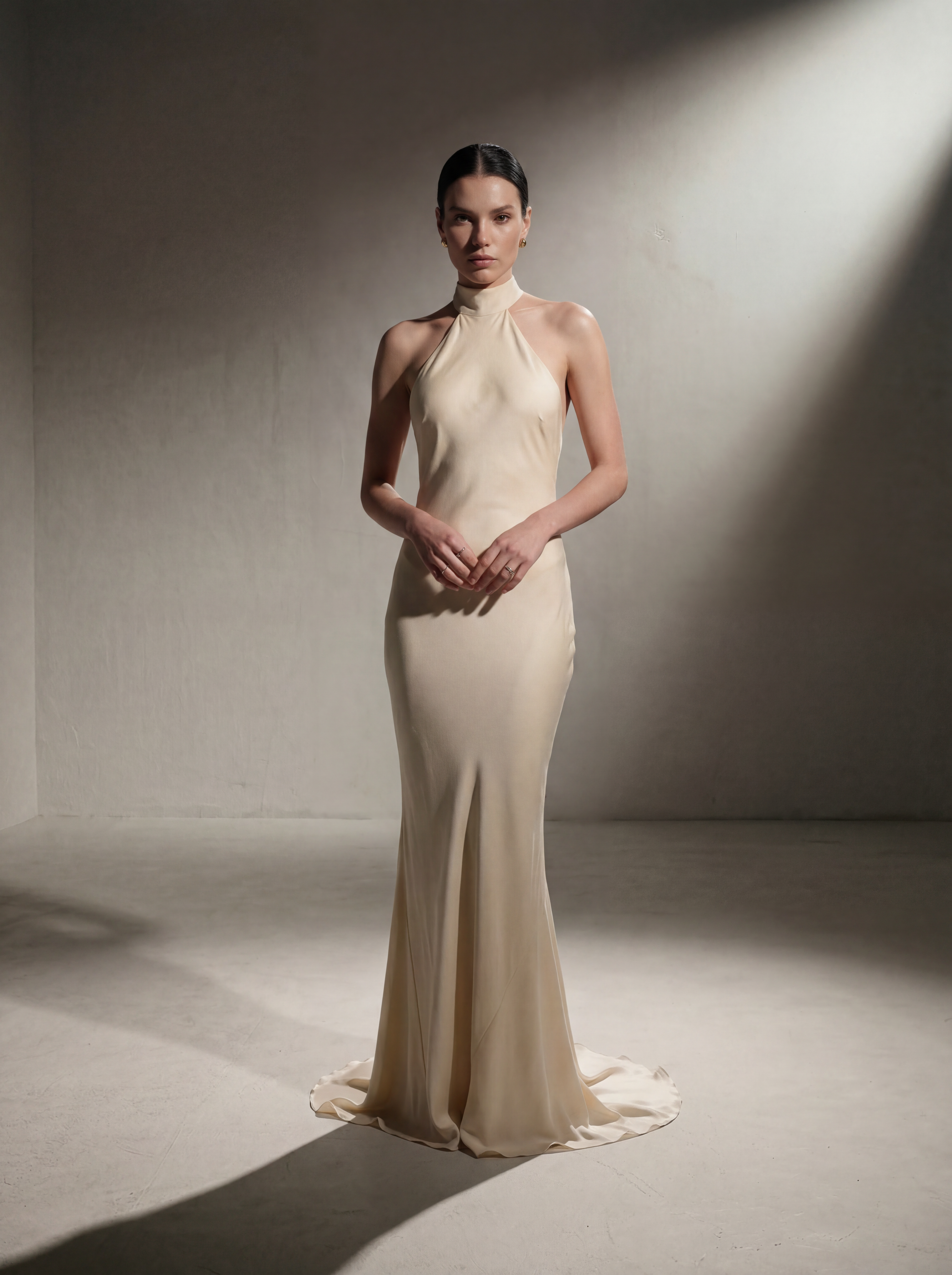 Woman wearing a Beige silk halter gown, front view