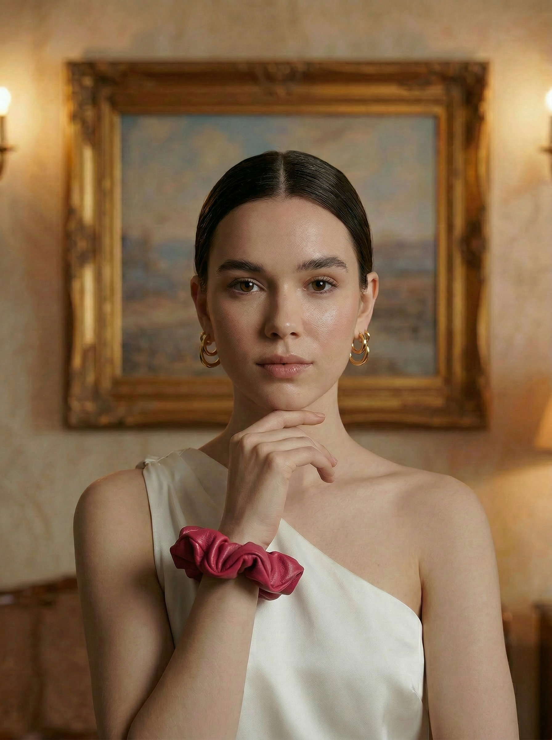 Woman wearing a Pink leather scrunchie, front view