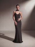 Woman wearing a Black Polka Dot silk slip gown